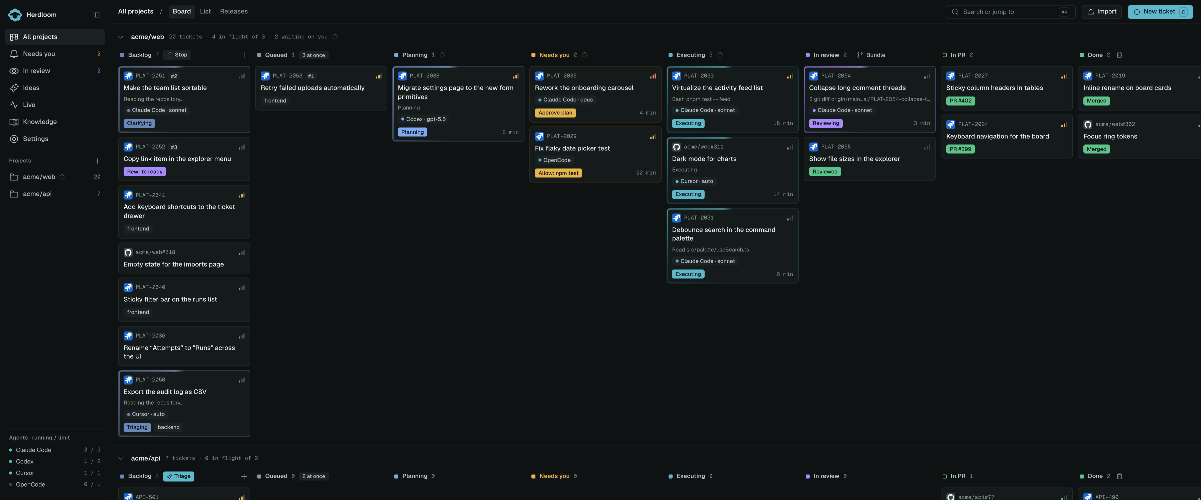 All projects, one swimlane per project, each with its own eight columns