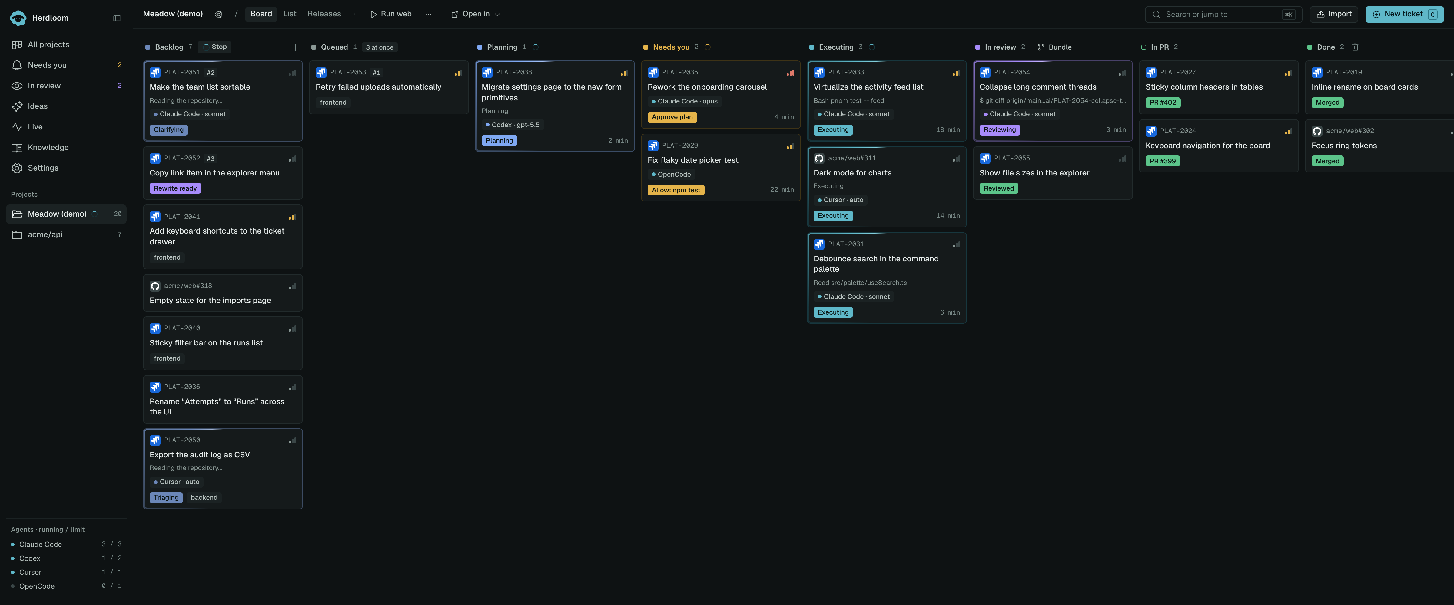 The sample project’s board, with a plan waiting in Needs you and a reviewed ticket in In review
