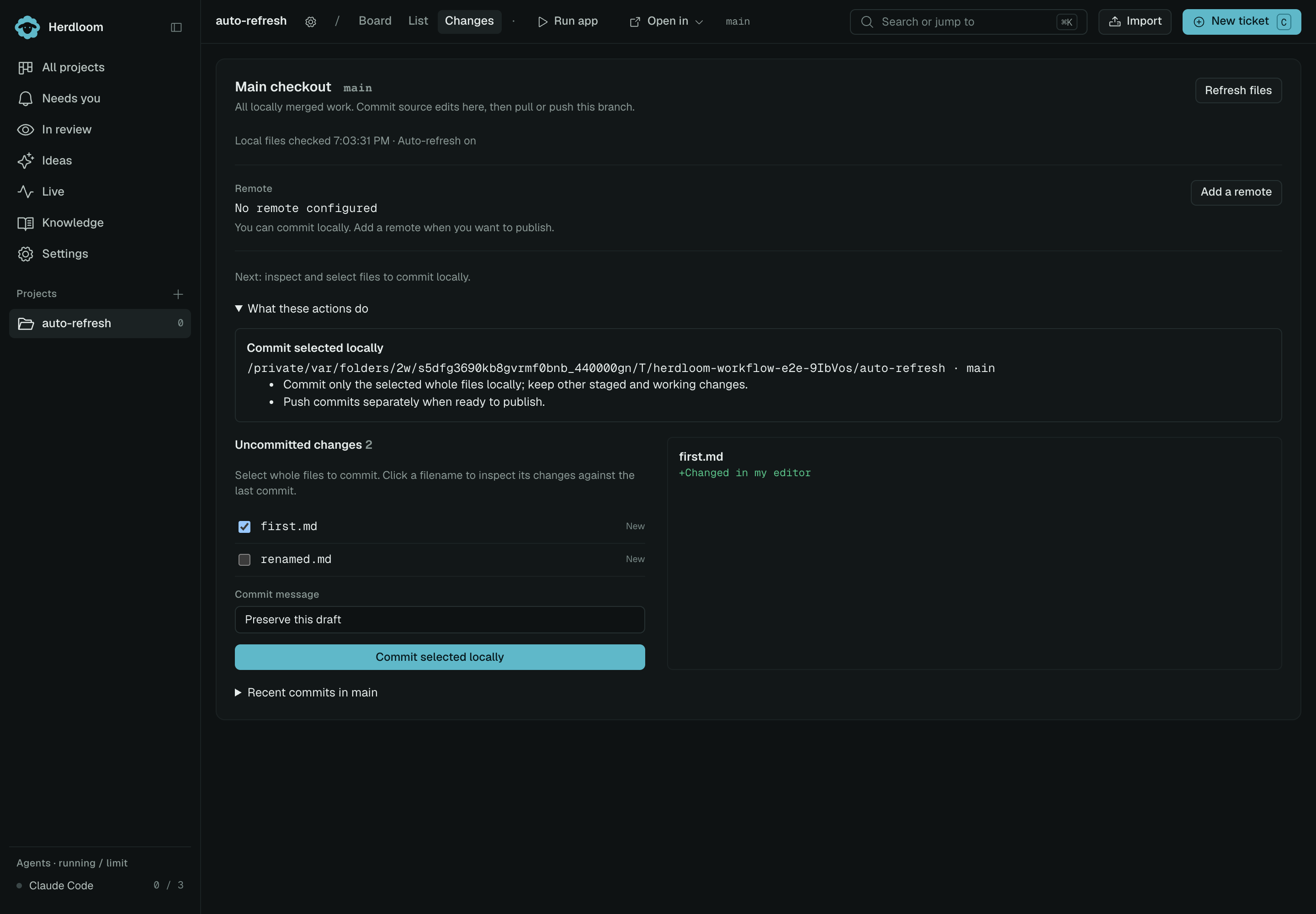 Changes with selected source files, a file diff, and an explicit local commit action