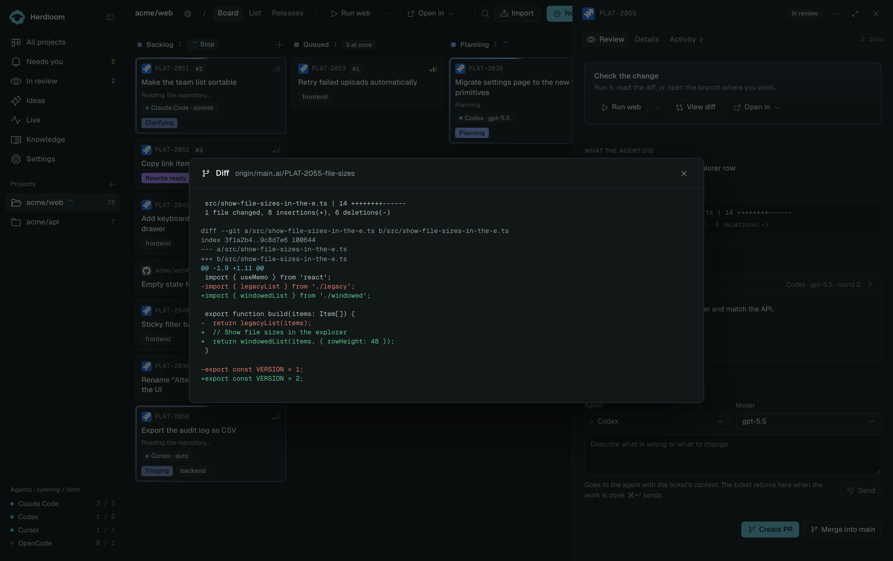 The diff of a ticket branch against main, with the summary line above the changed file