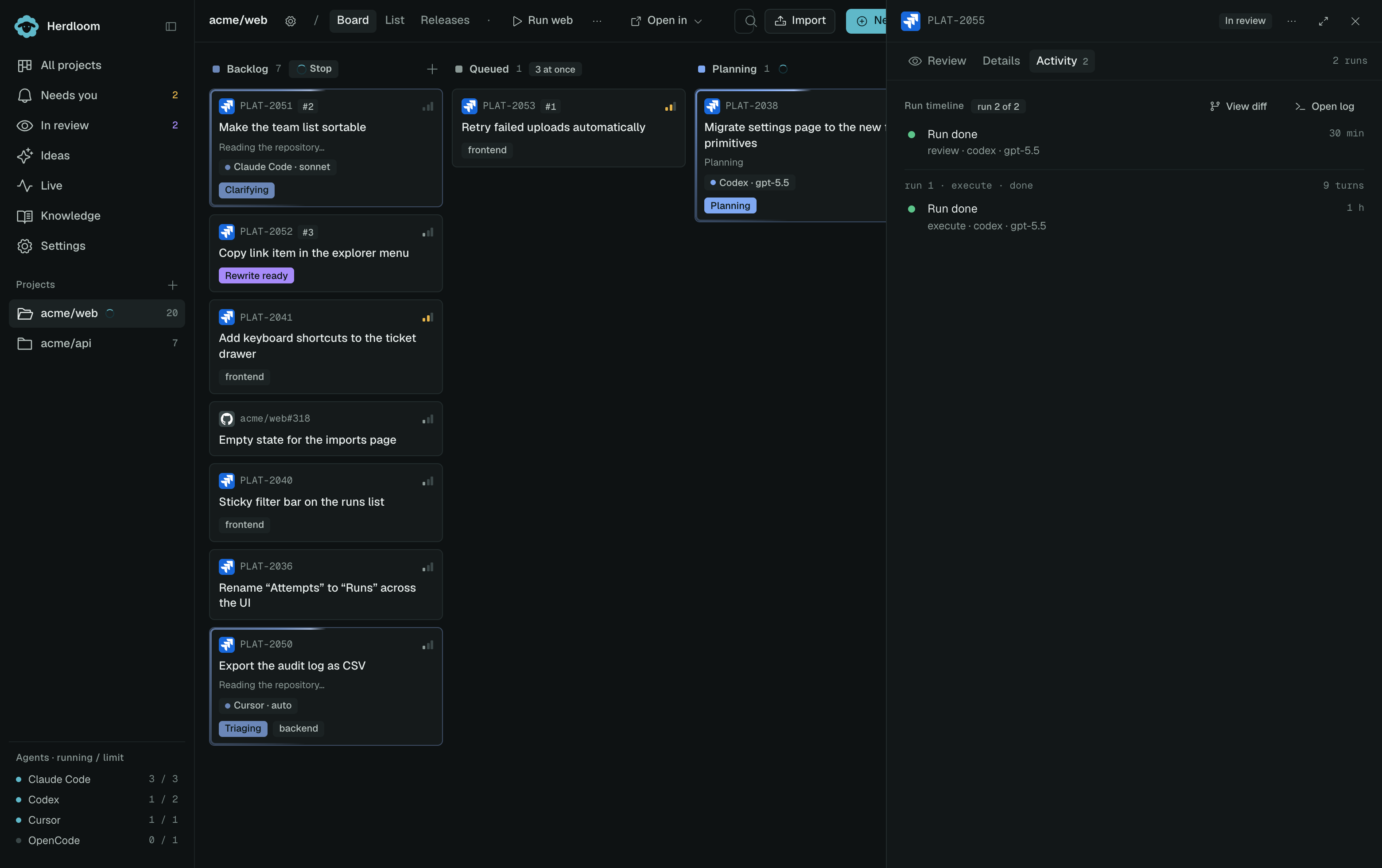 The Activity tab of a ticket, showing a review run and an execute run as a timeline of events
