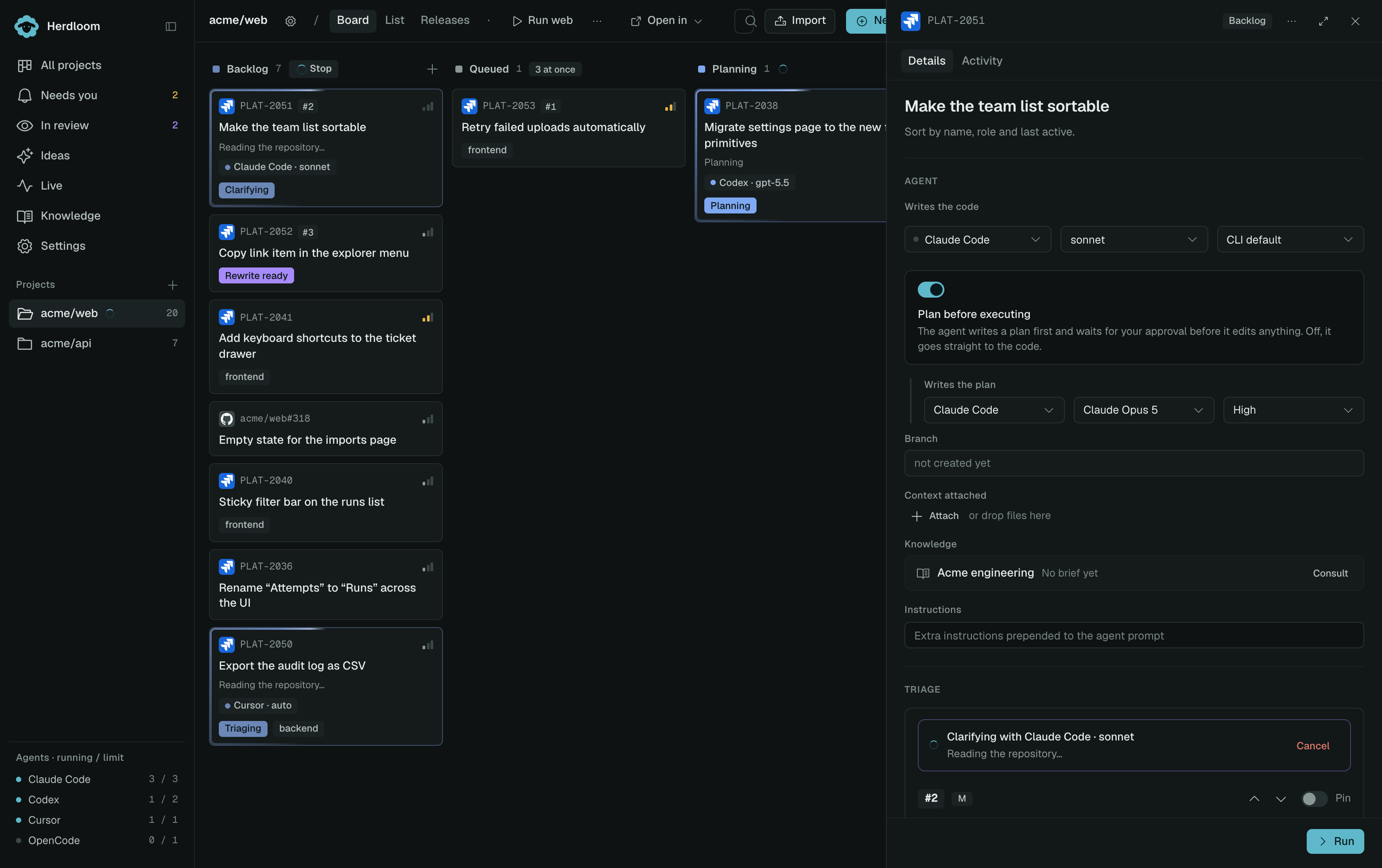 A backlog ticket’s drawer: the agent pickers, the plan-first switch, attached context, and a Triage section with its rank, a Needs detail flag and a Clarify button
