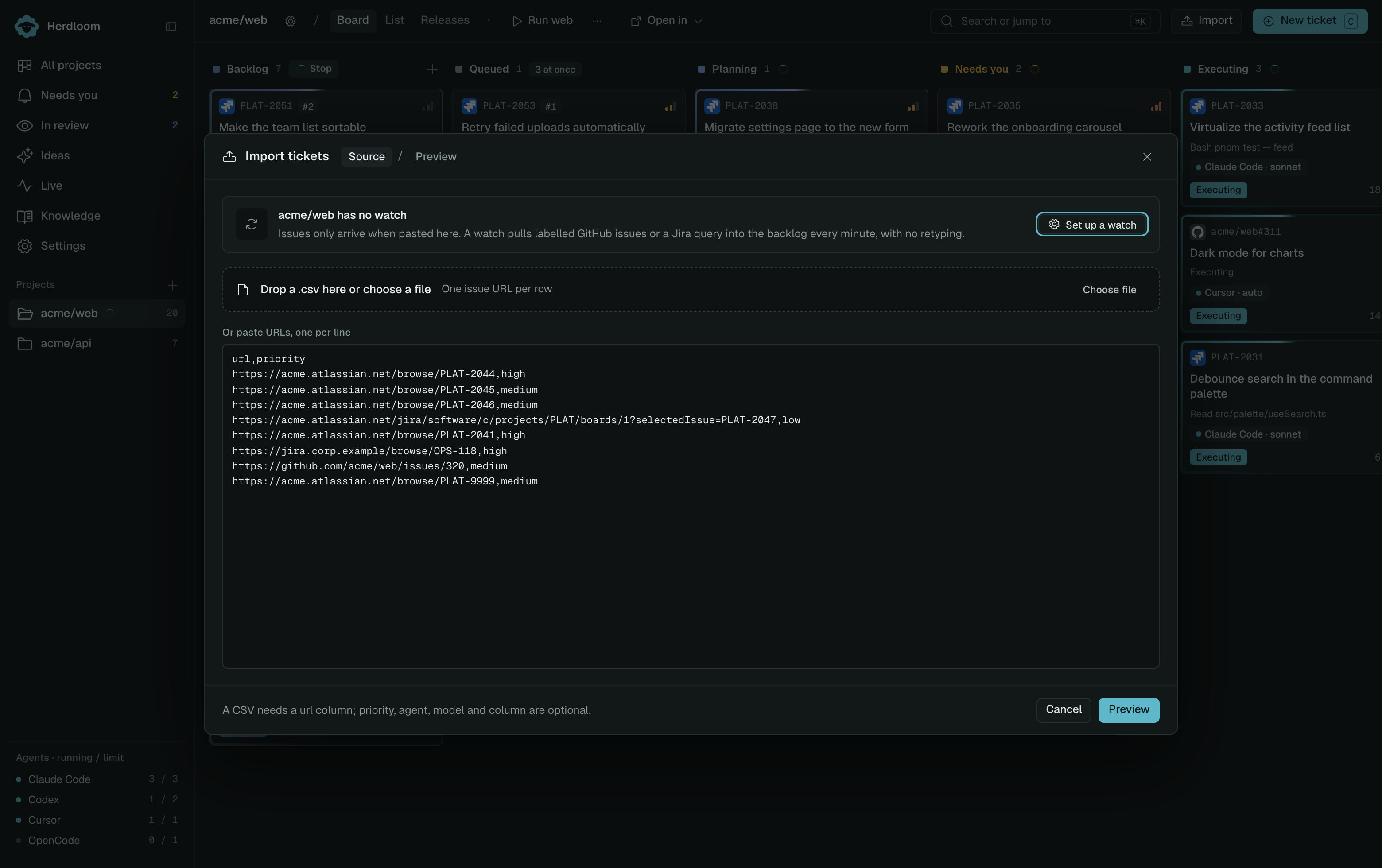 The Import tickets dialog: a project picker, the project’s watch card, a CSV drop zone, and a box for pasted issue URLs