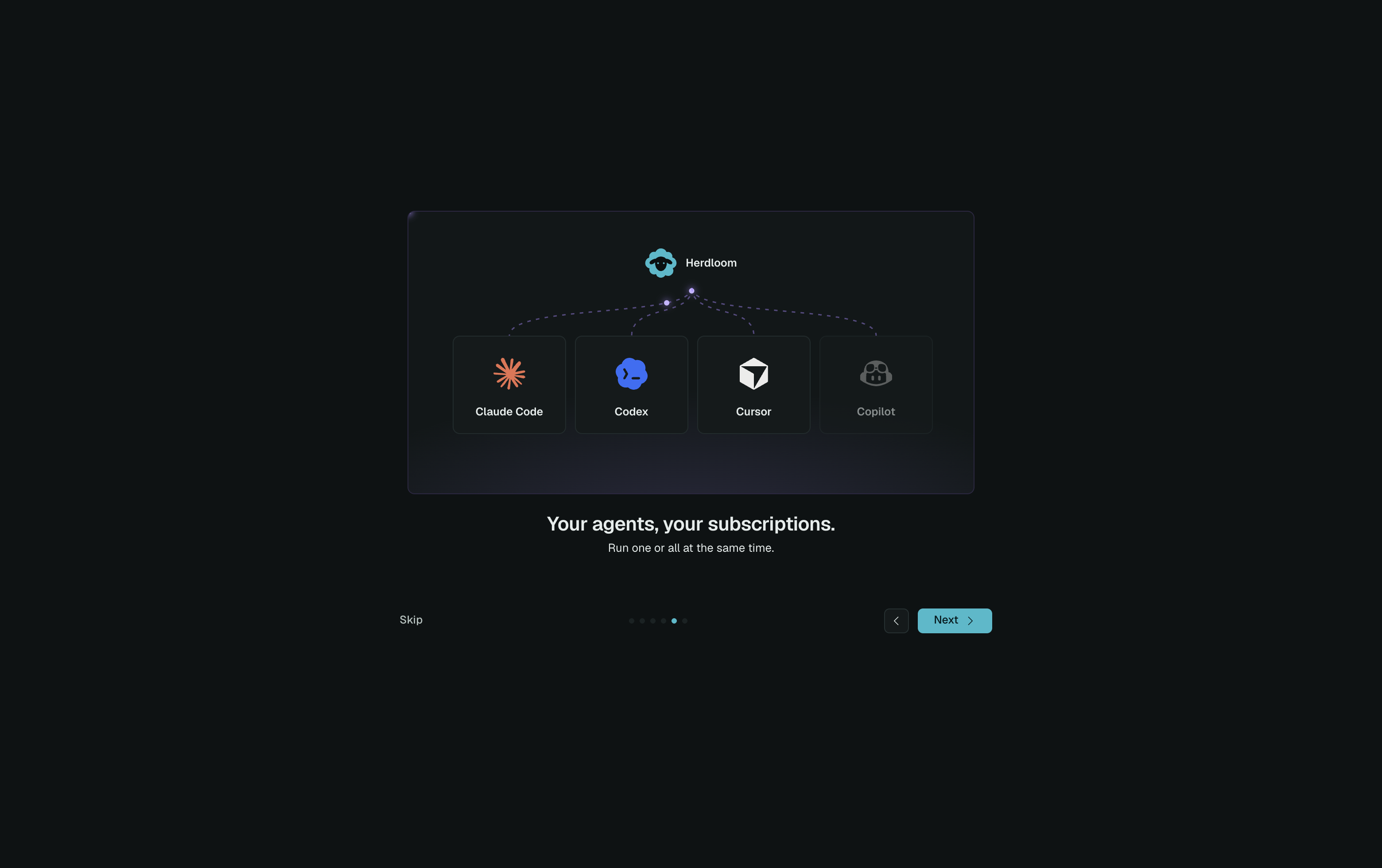 An intro page showing Claude Code, Codex, Cursor and Copilot connected to Herdloom, under the line “Your agents, your subscriptions”