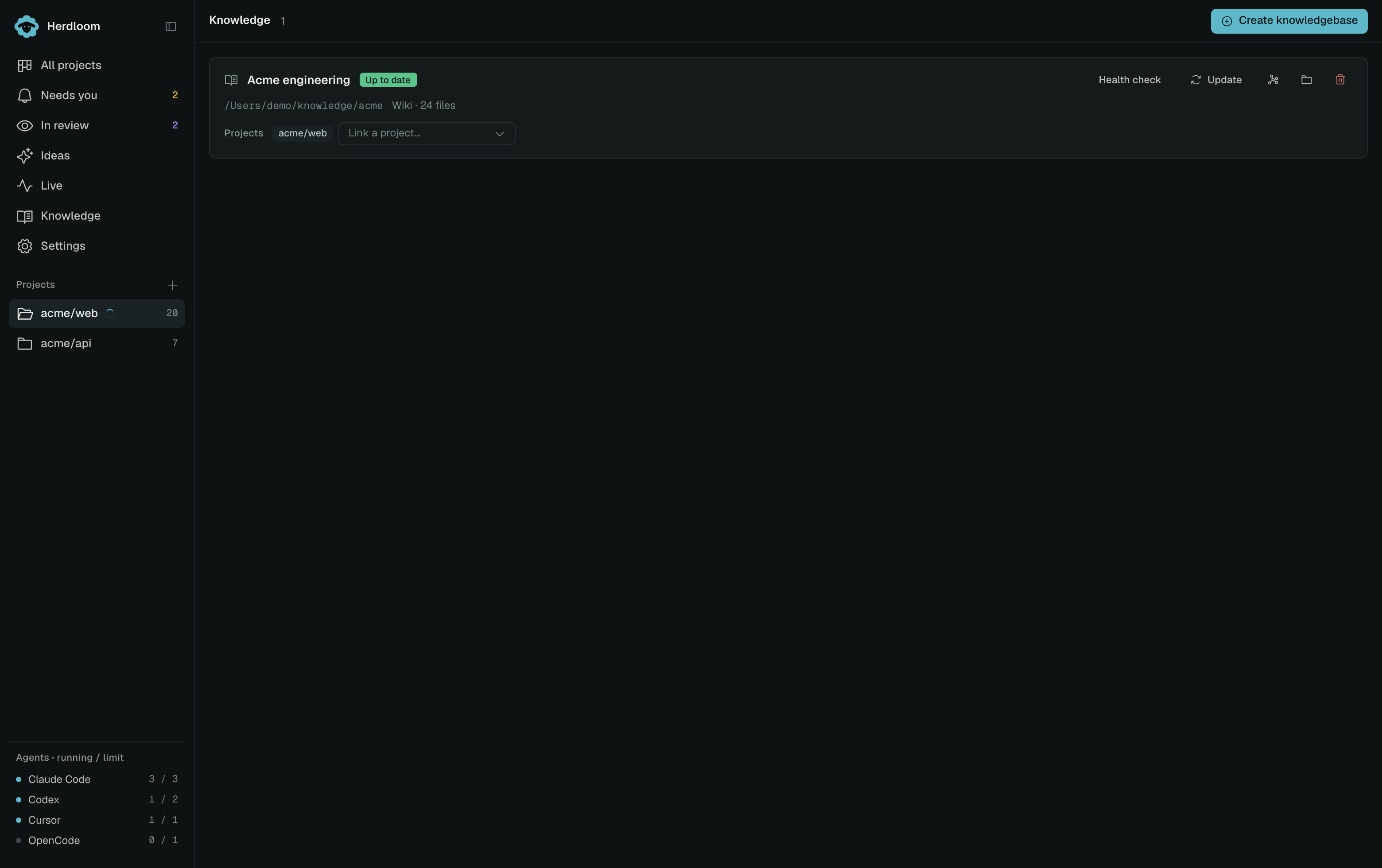 The Knowledge page with two knowledgebases, their file counts and the action each one needs