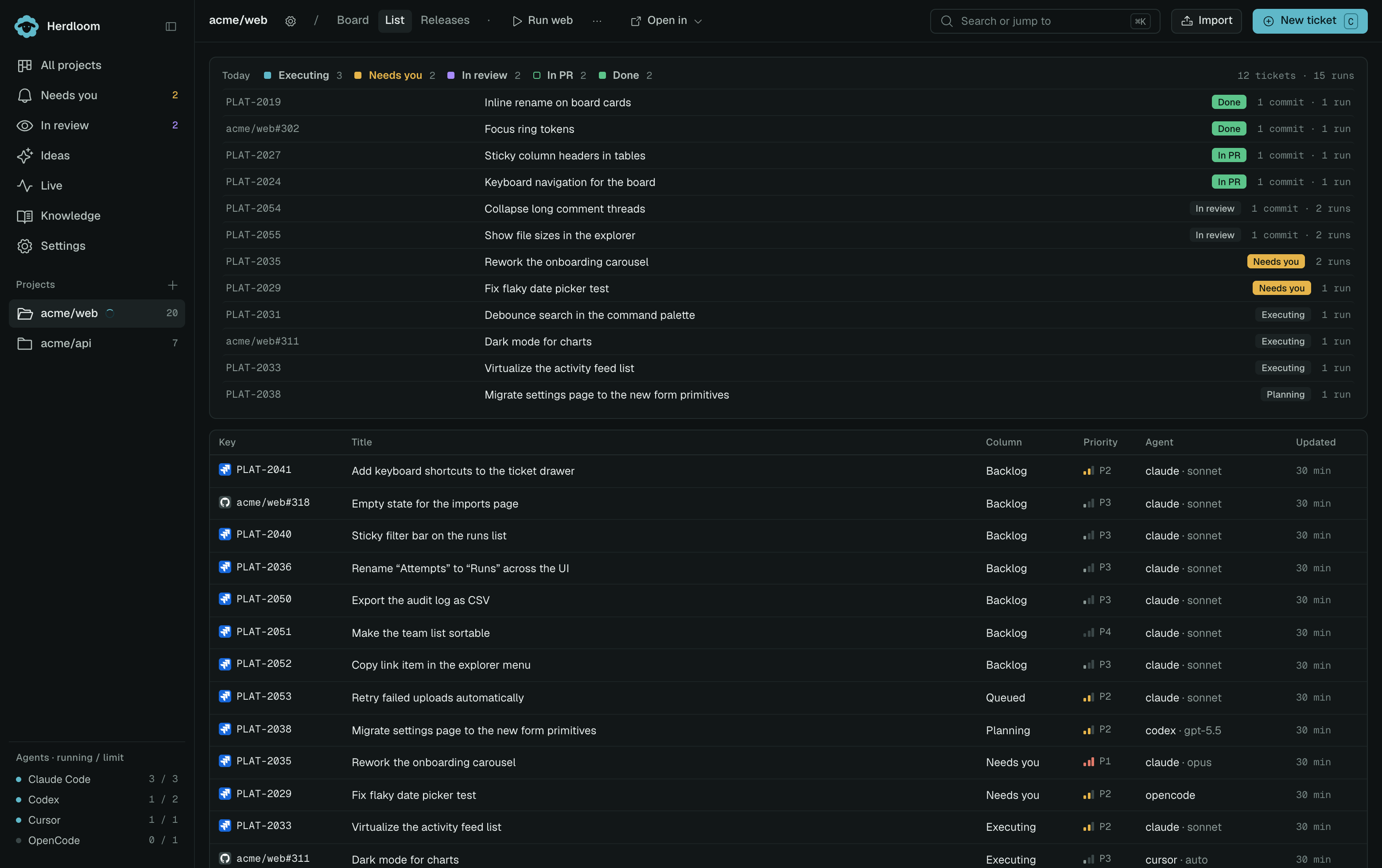 List view, with today’s activity above the full ticket table