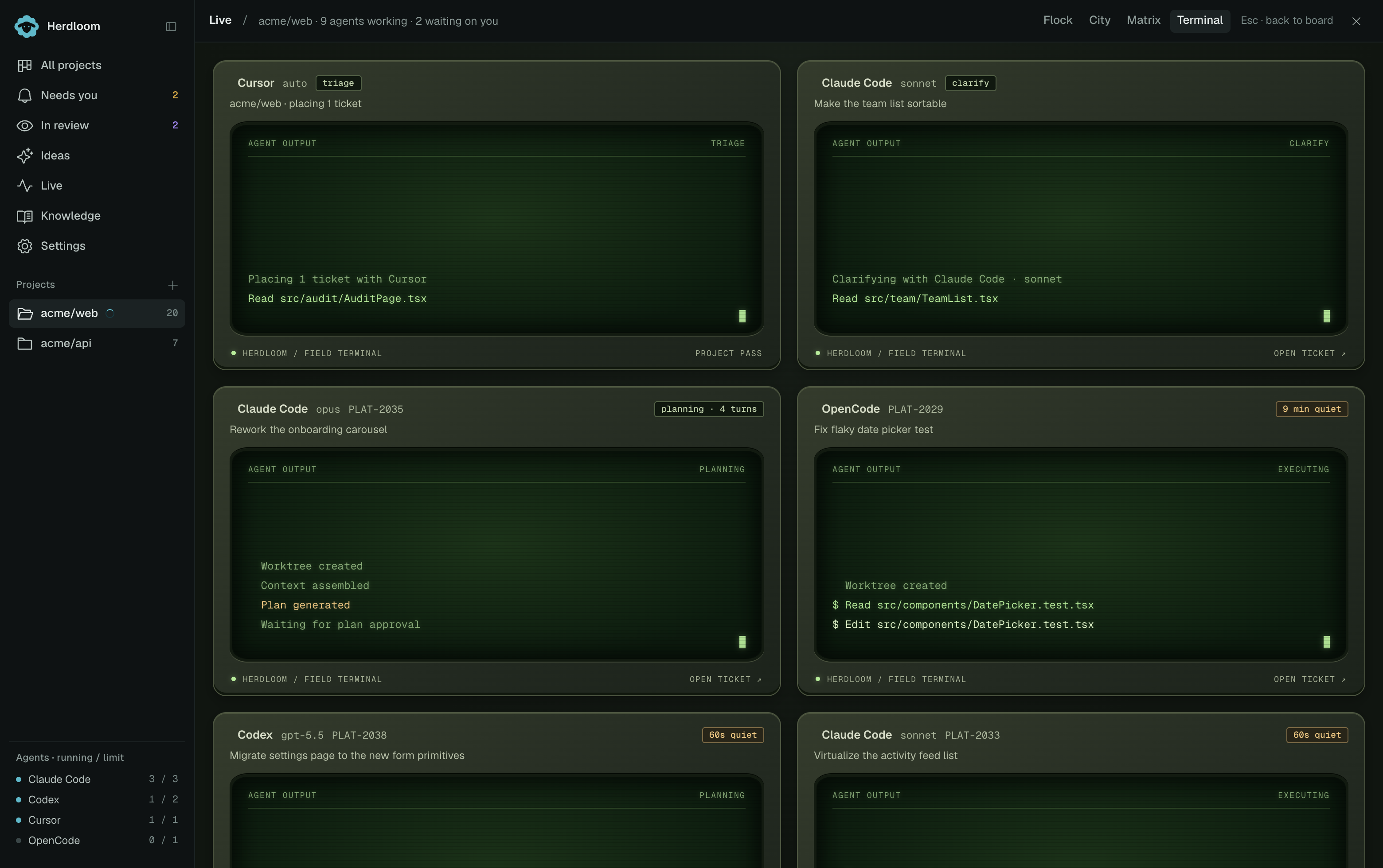 The Terminal scene: one lane per running agent, each typing out its own stream