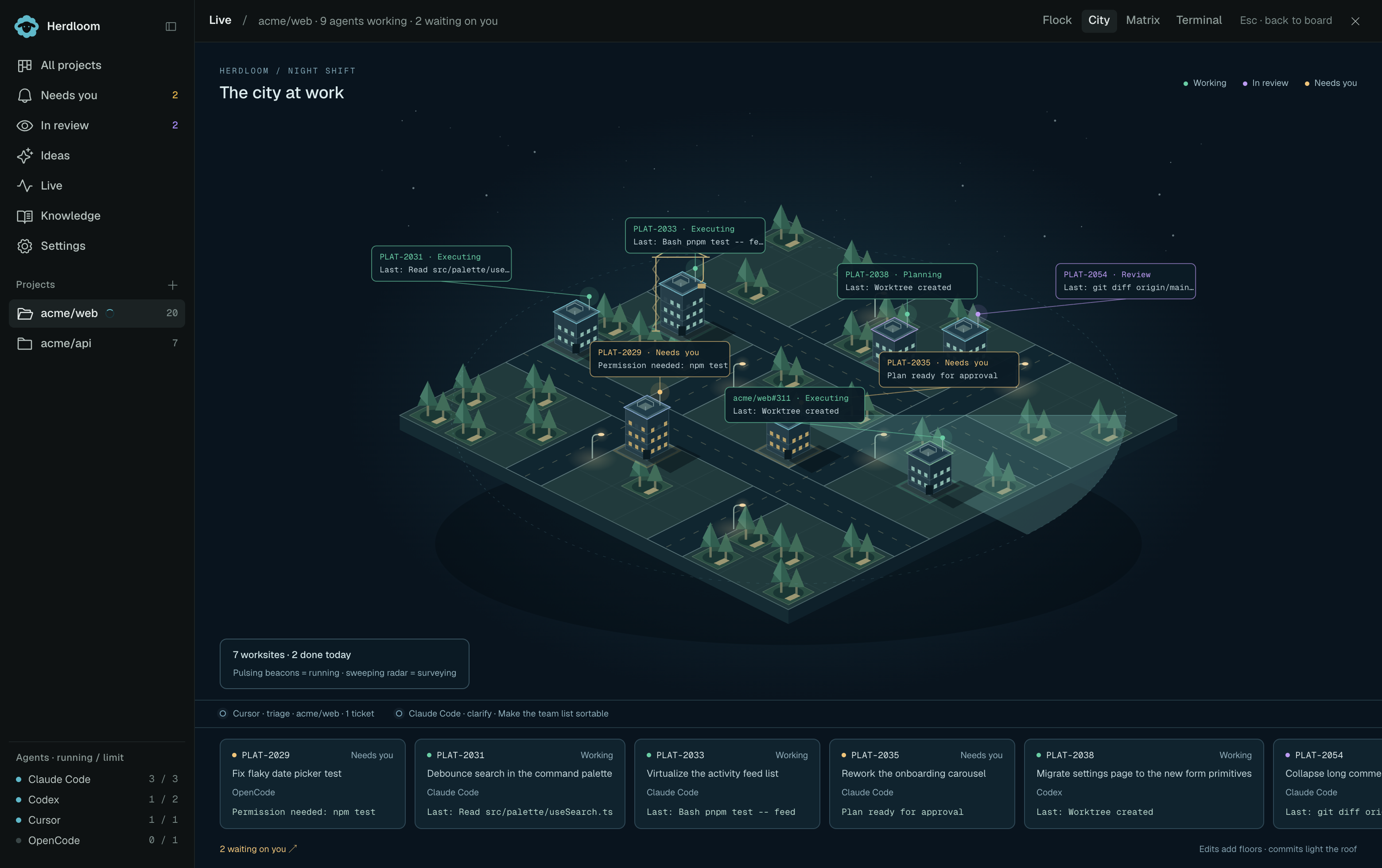 City at night: ticket worksites with lit windows, cranes, streetlights and colored rooftop beacons