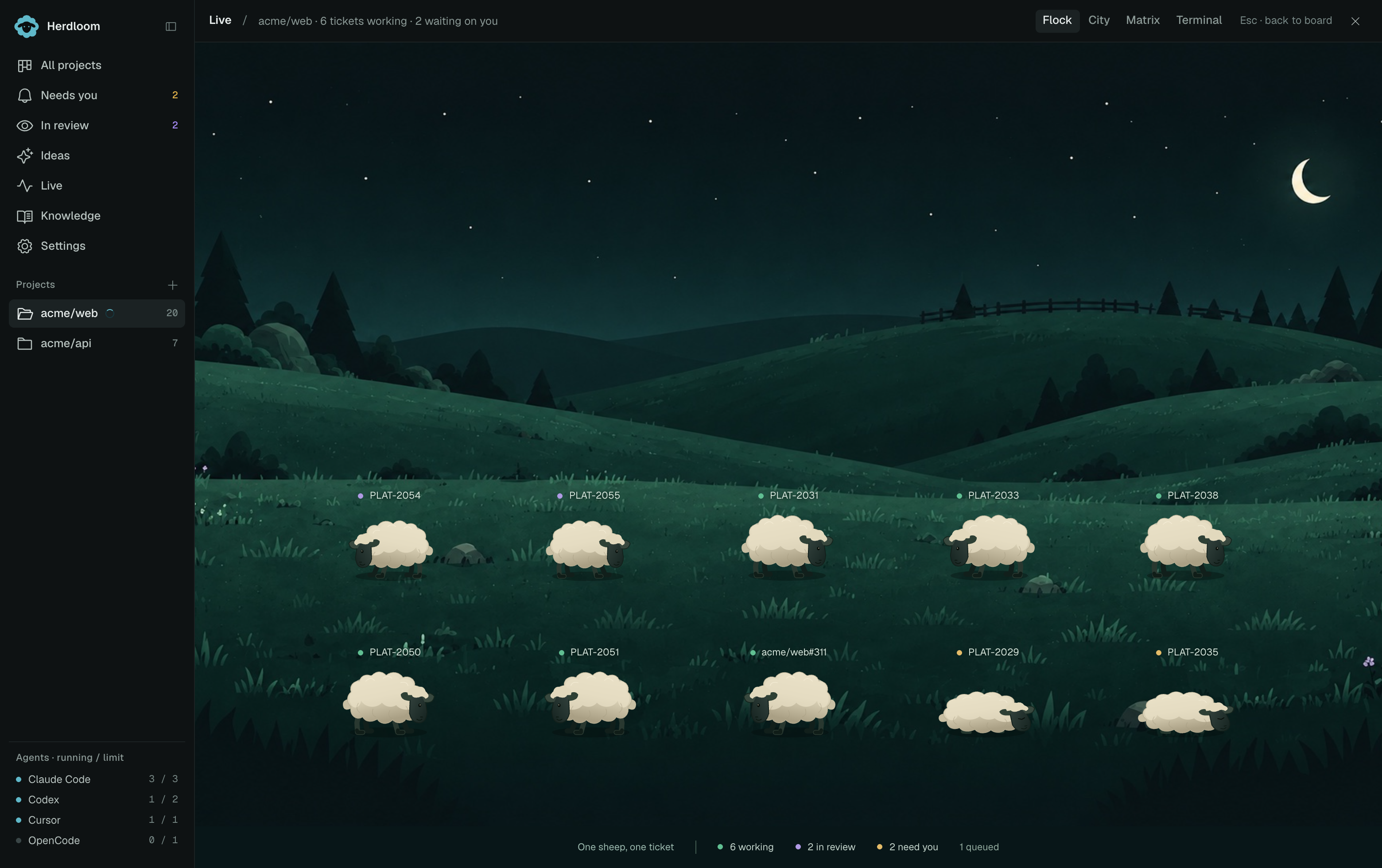 Flock: working sheep graze on the foreground meadow, review sheep stand alert, and waiting sheep rest with floating Zs