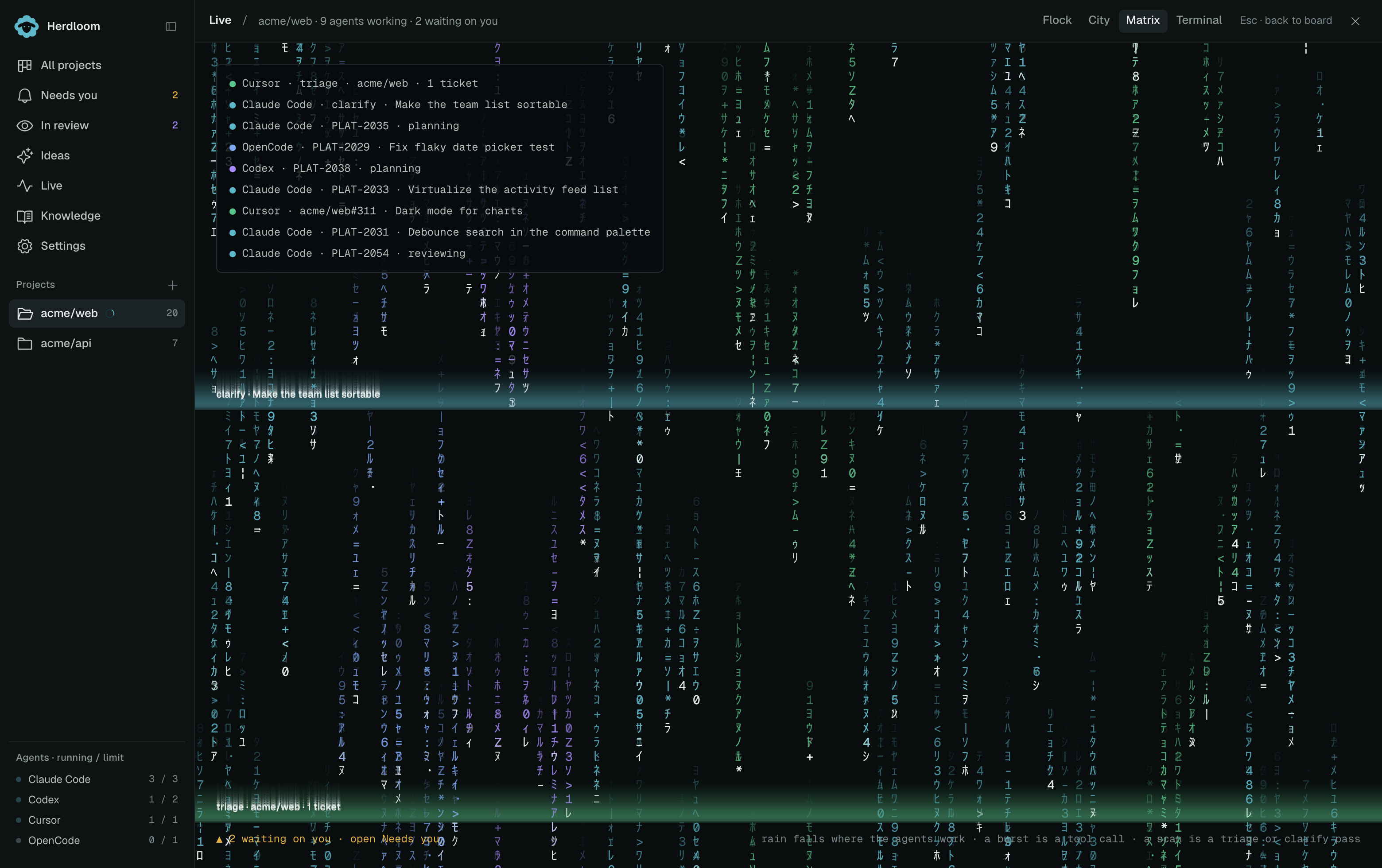 The Matrix scene: falling characters in bands, one band per working agent