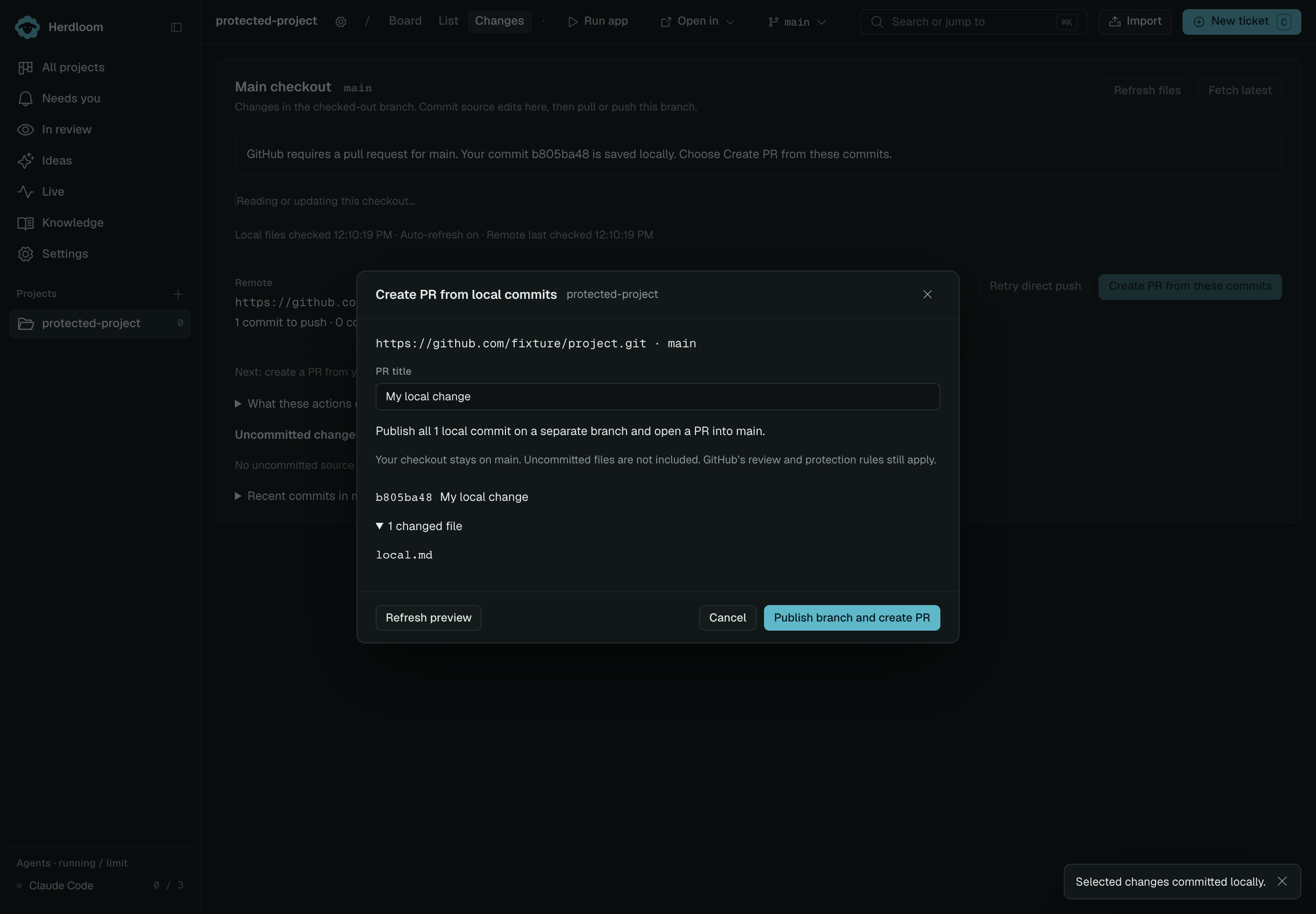 Reviewing local commits and changed files before creating a PR