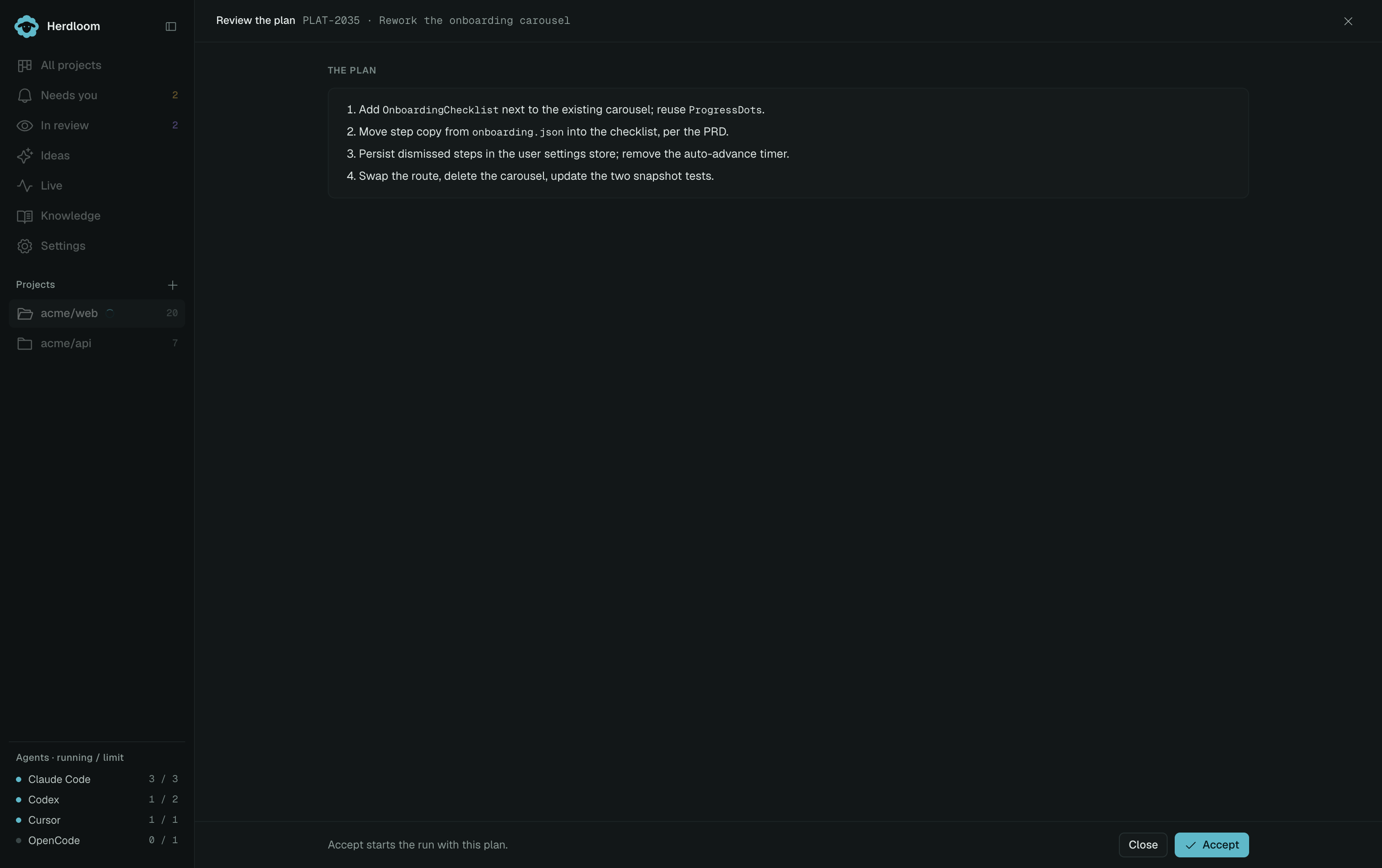 The plan page with numbered steps, a Files list, a Risks list, and Close and Accept in the footer