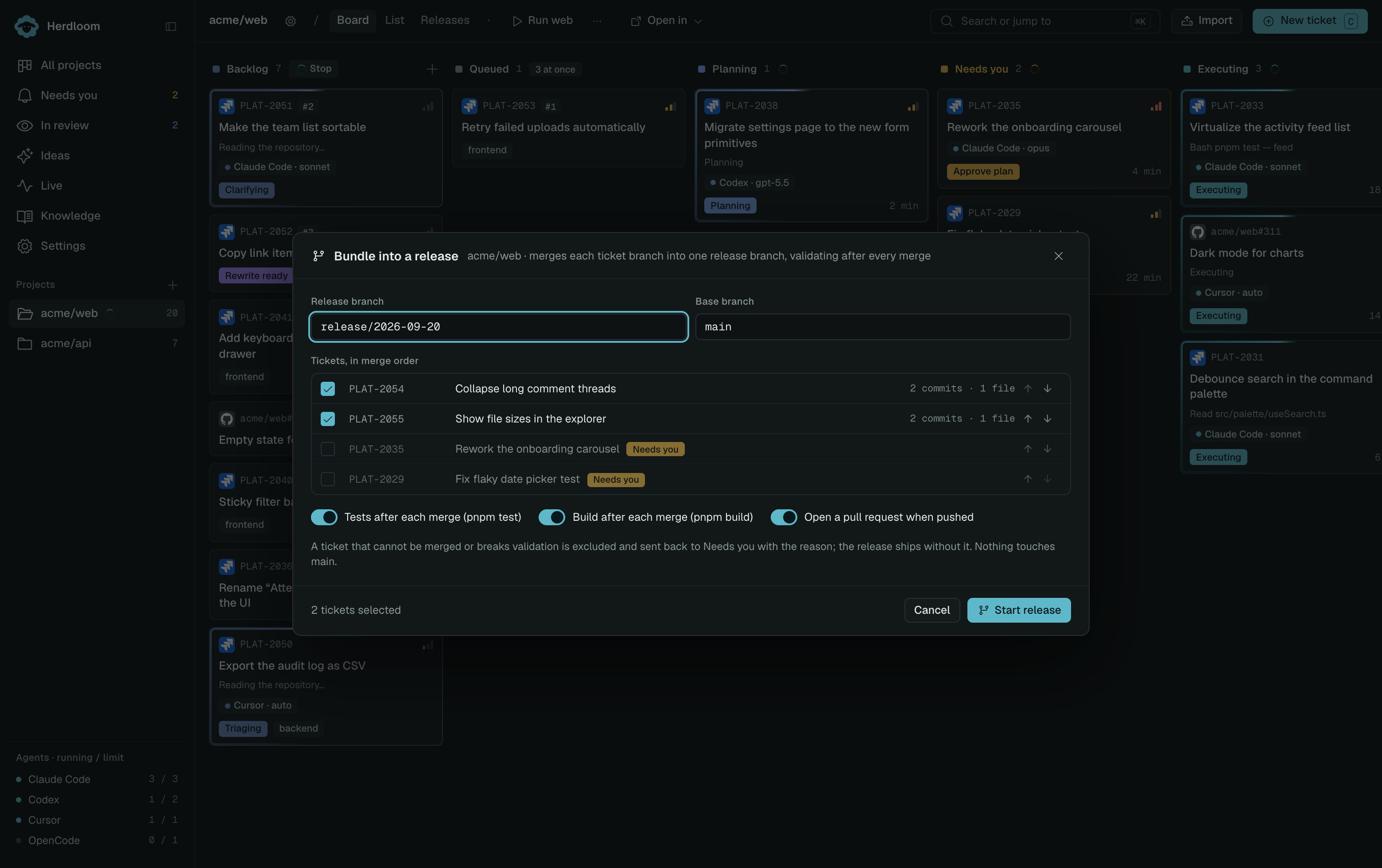 The Bundle into a release dialog: branch name, tickets in merge order, and the tests and build switches