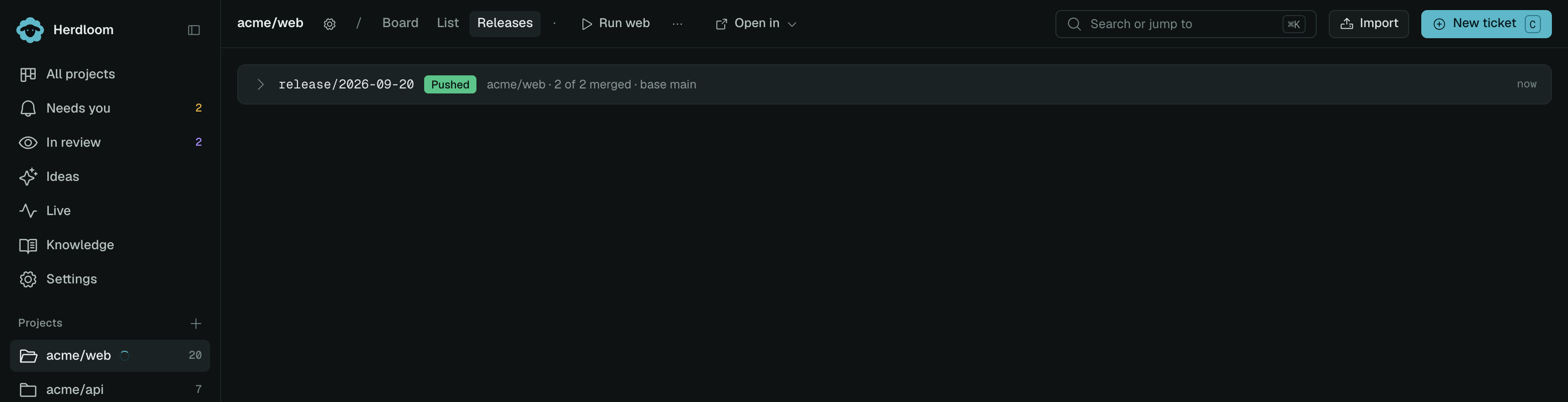 A release branch with its two merged tickets, a Merge into main button, and the merge log