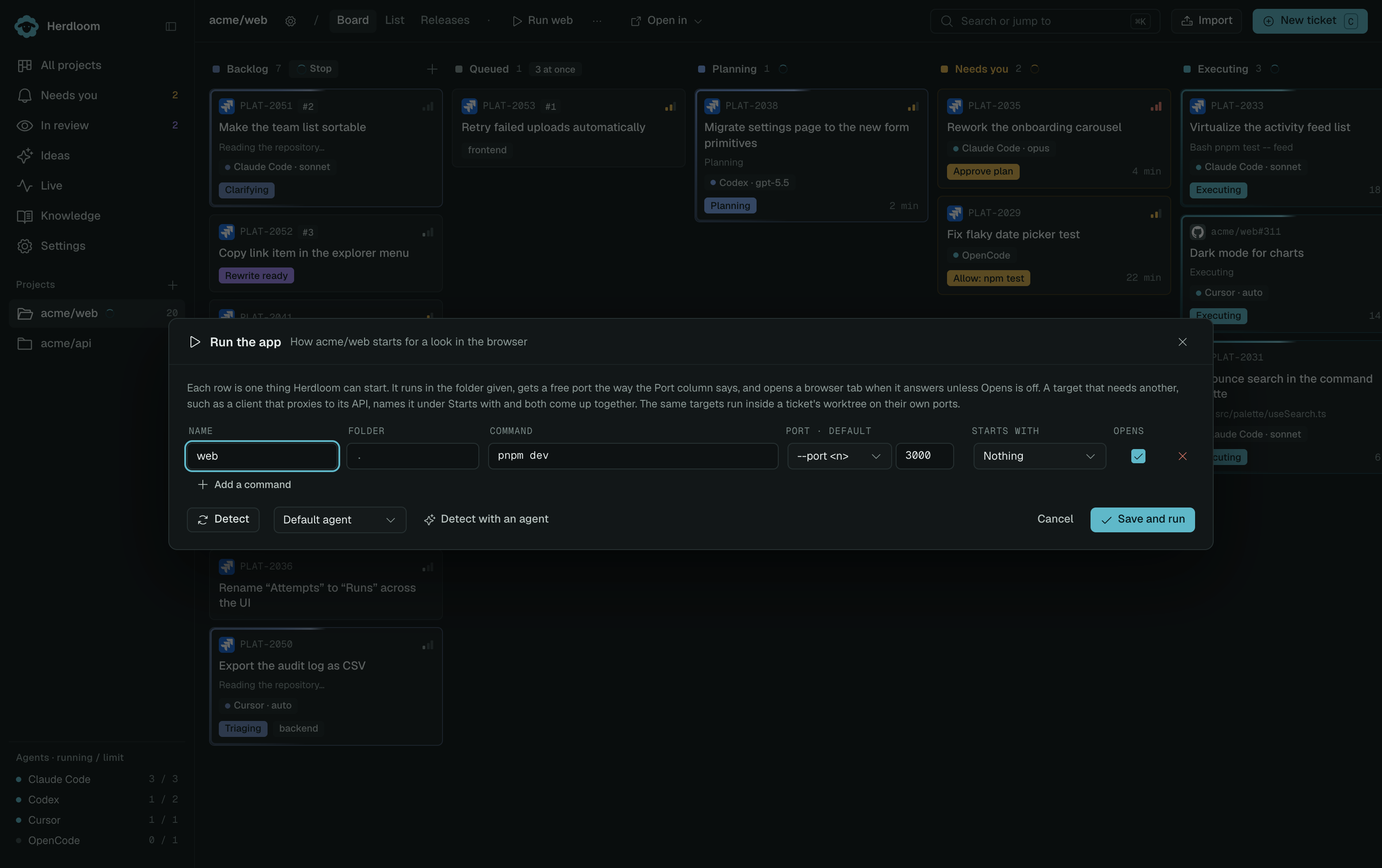 The Run the app dialog: one row with a name, folder, command, port and browser switch