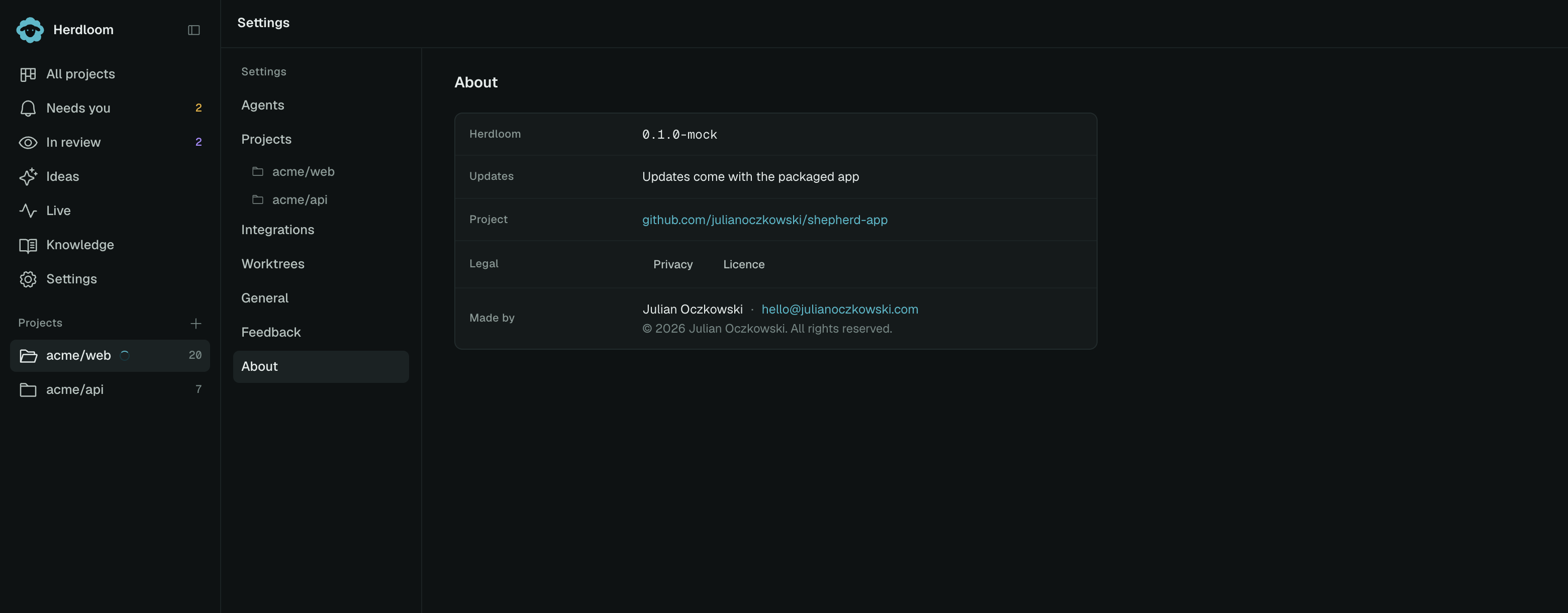 The About page: version, updates, the project link, Privacy and Licence buttons, and the author