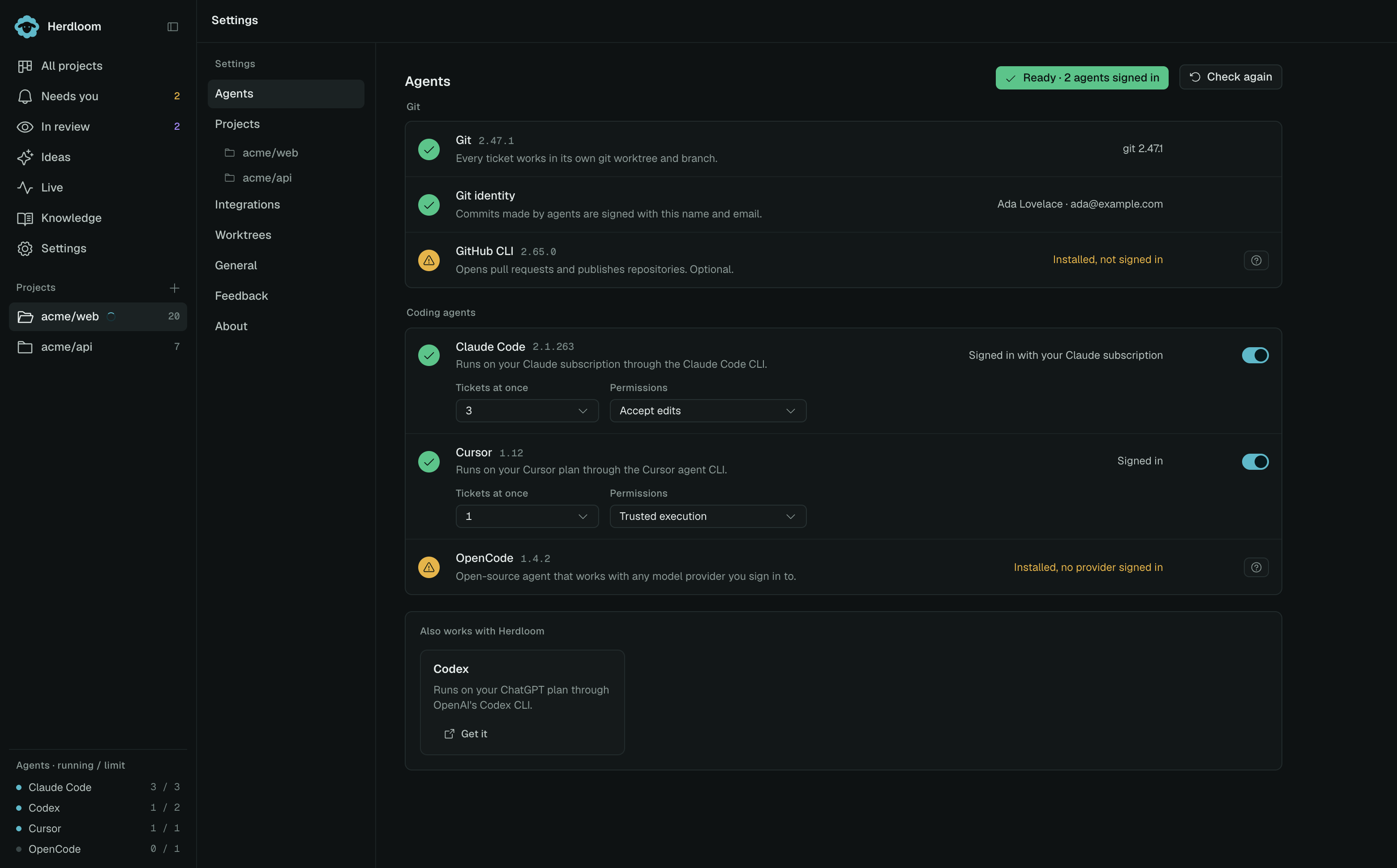 The Agents page: git, git identity and GitHub CLI at the top, three signed-in coding agents below with their versions and controls