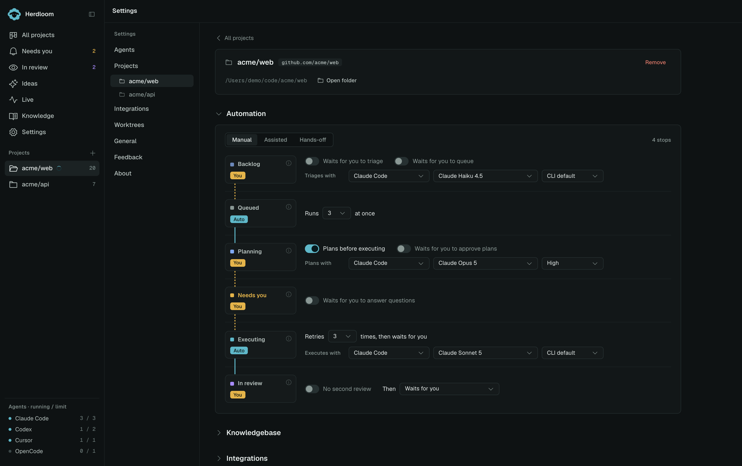 The Automation ladder for a project: Manual, Assisted and Hands-off presets above one card per column