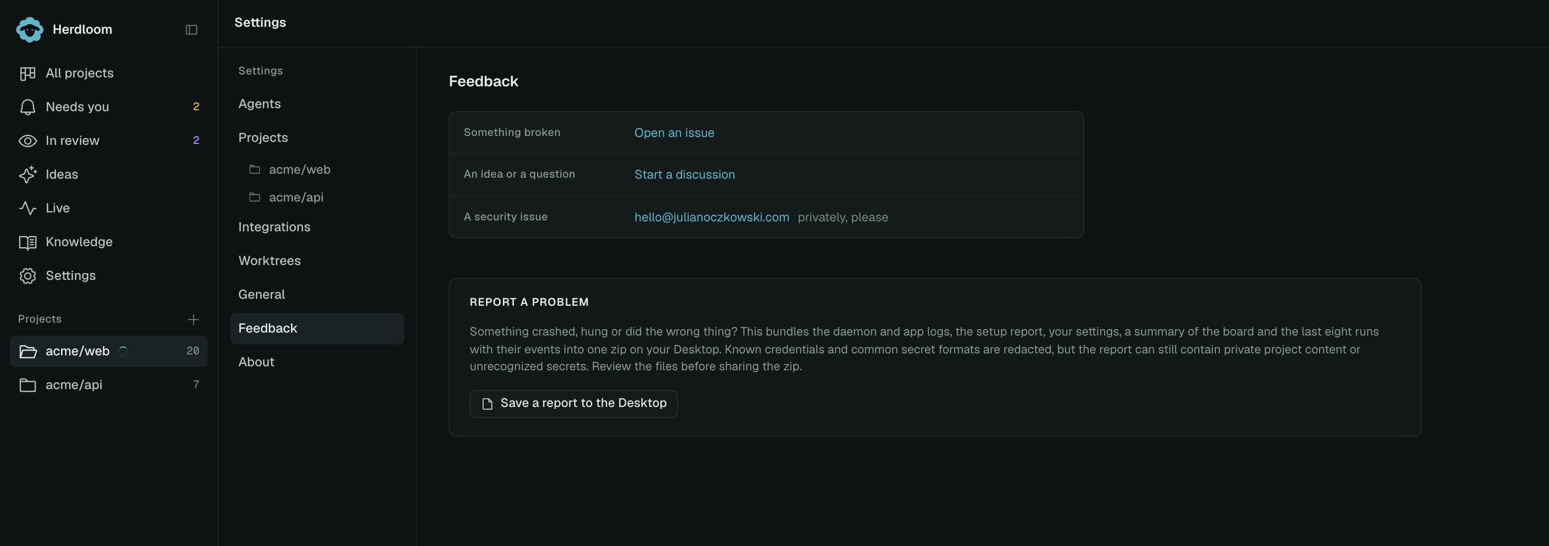 The Feedback page: three links for a problem, an idea and a security issue, above the Report a problem card