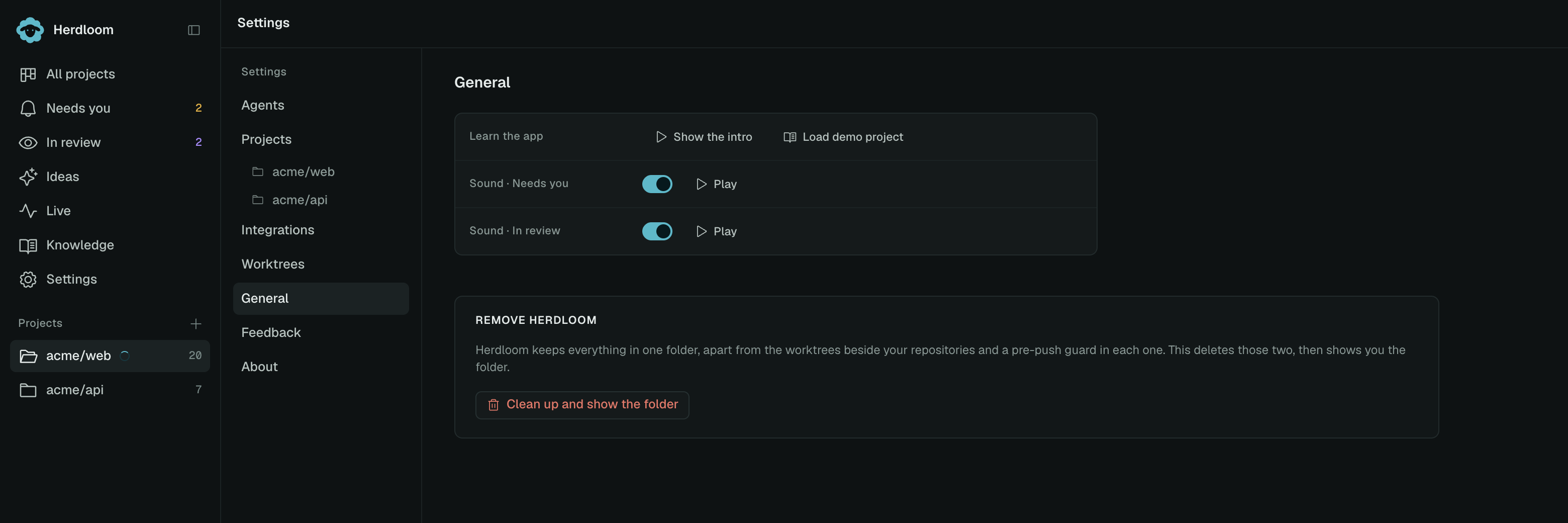 The app removal card at the bottom of the General settings page