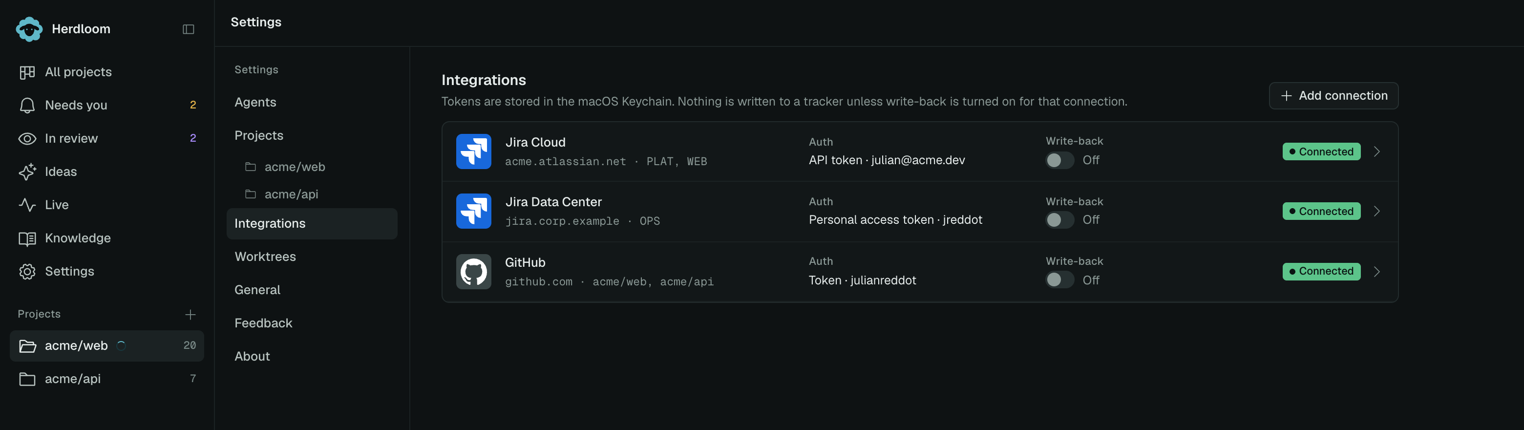 The Integrations page with a Jira Cloud connection and a GitHub connection, each with a write-back switch and a Connected chip
