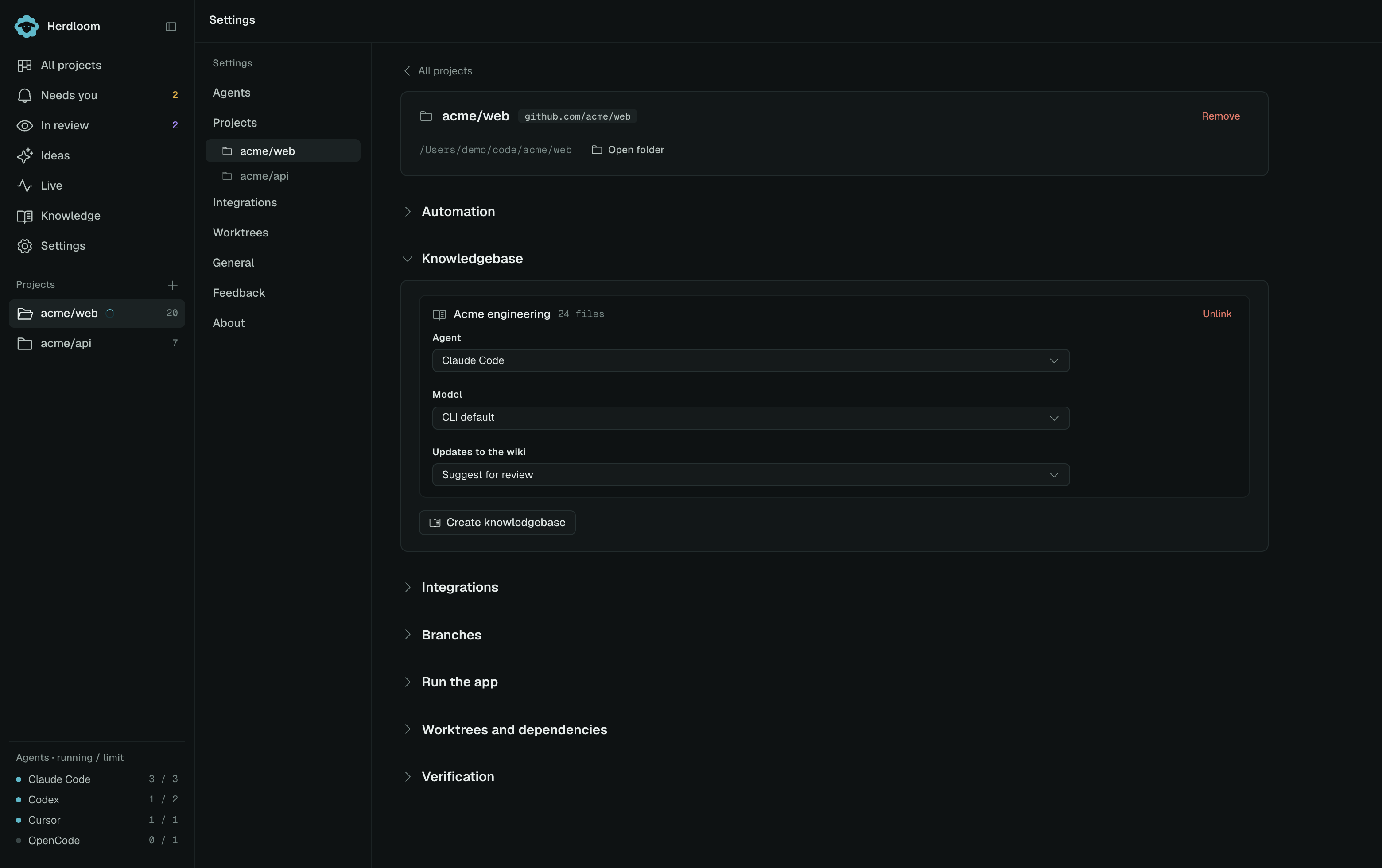 A project’s Knowledgebase section: the base, its agent and model, and how updates are applied