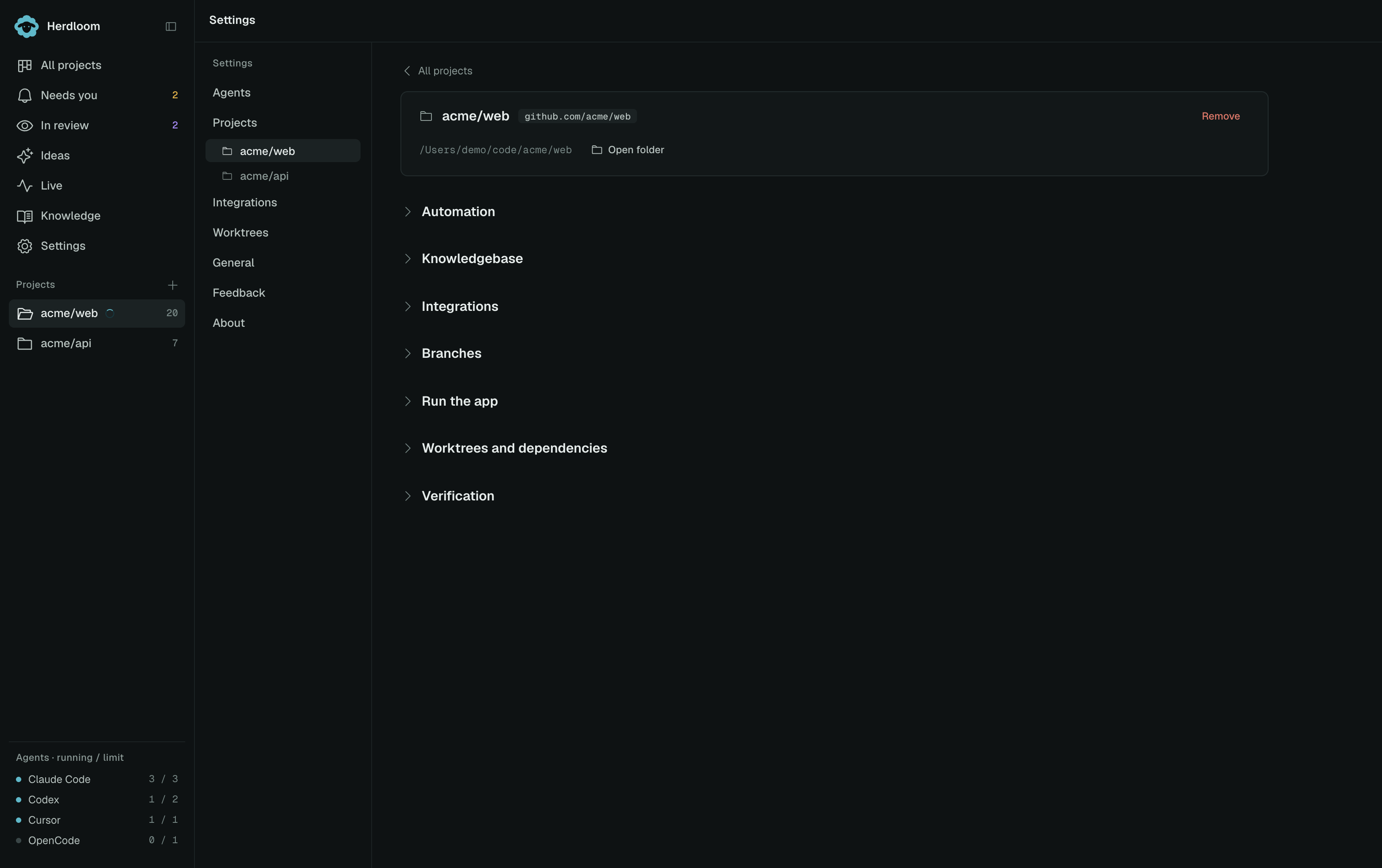 A project’s Branches, Run the app, Worktrees and dependencies and Verification sections