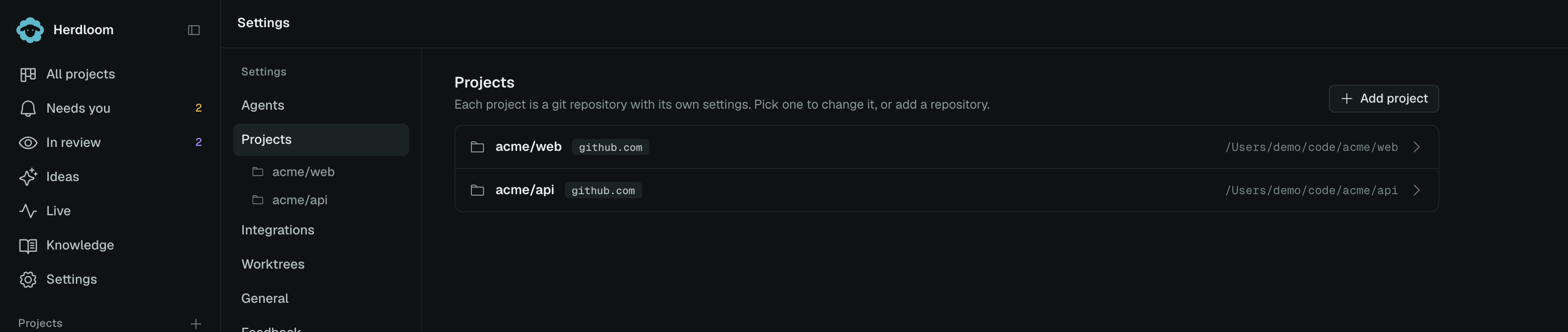 The Projects page in Settings, listing three repositories with their paths and an Add project button