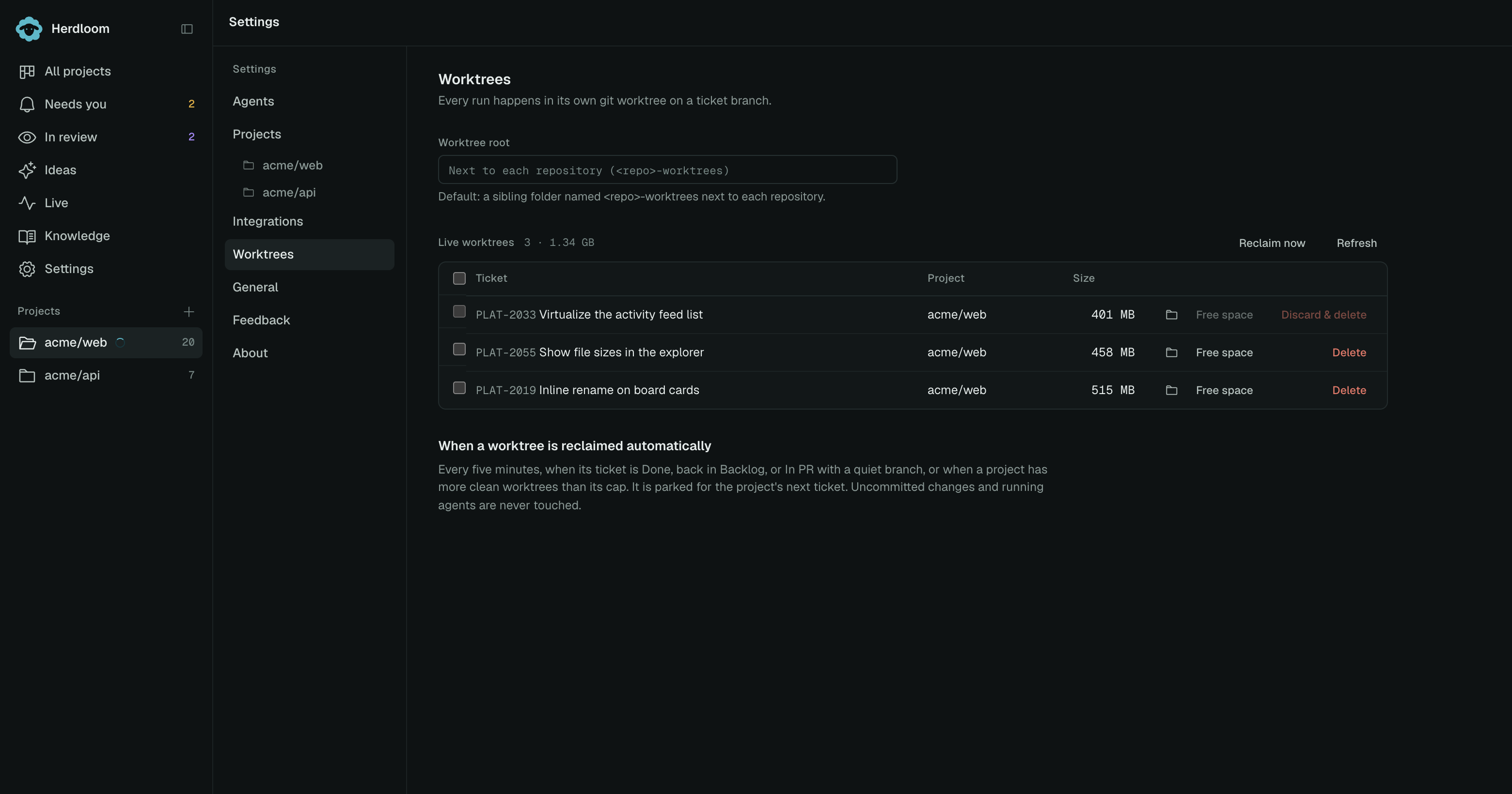 The Worktrees page: the worktree root field, a table of live checkouts with sizes, and the reclaim rules