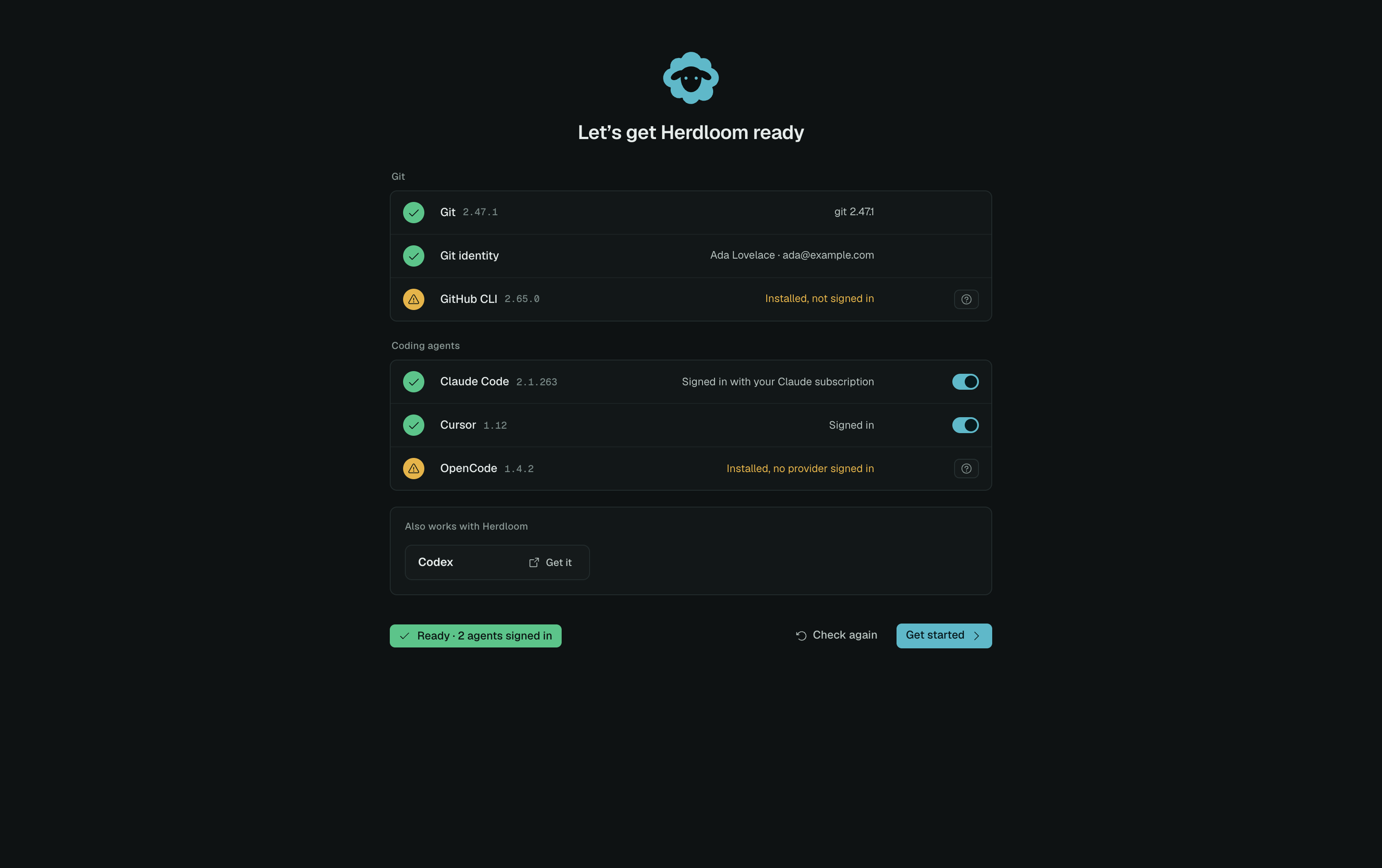 The Herdloom setup check with Git ready, two agents signed in, and sign-in prompts for GitHub CLI and OpenCode