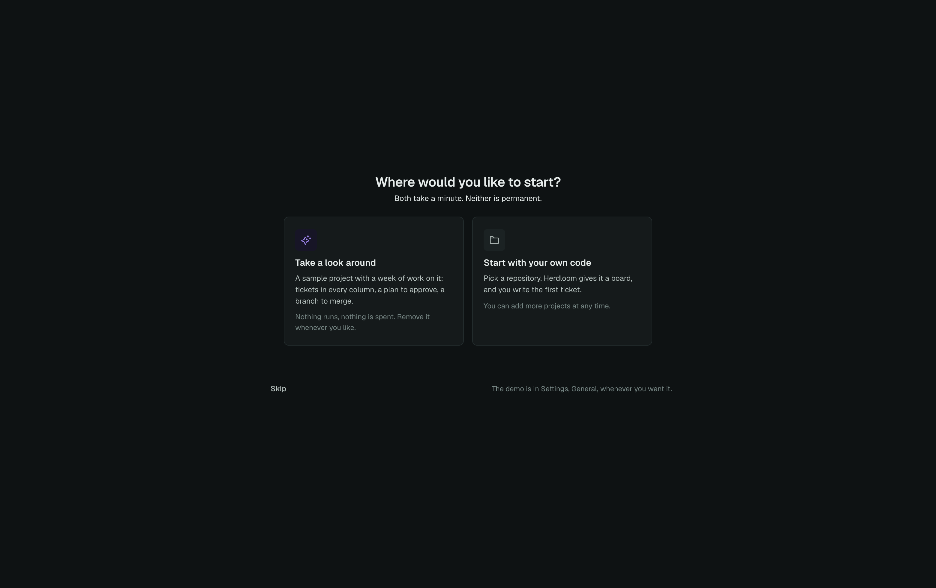 The first-launch choice between “Take a look around” with a sample project and “Start with your own code”