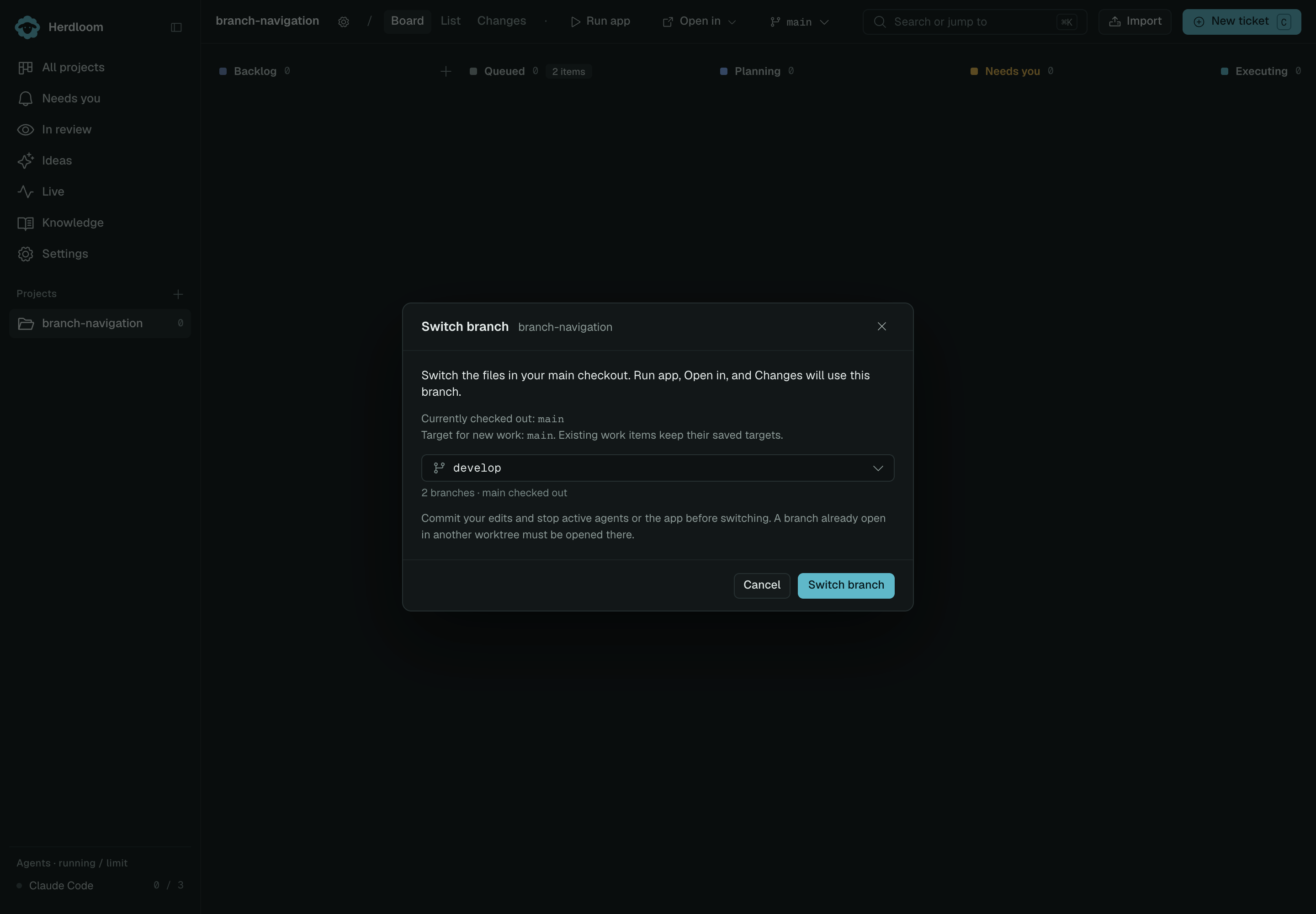 Switch branch dialog showing the current checkout and the separate target for new work