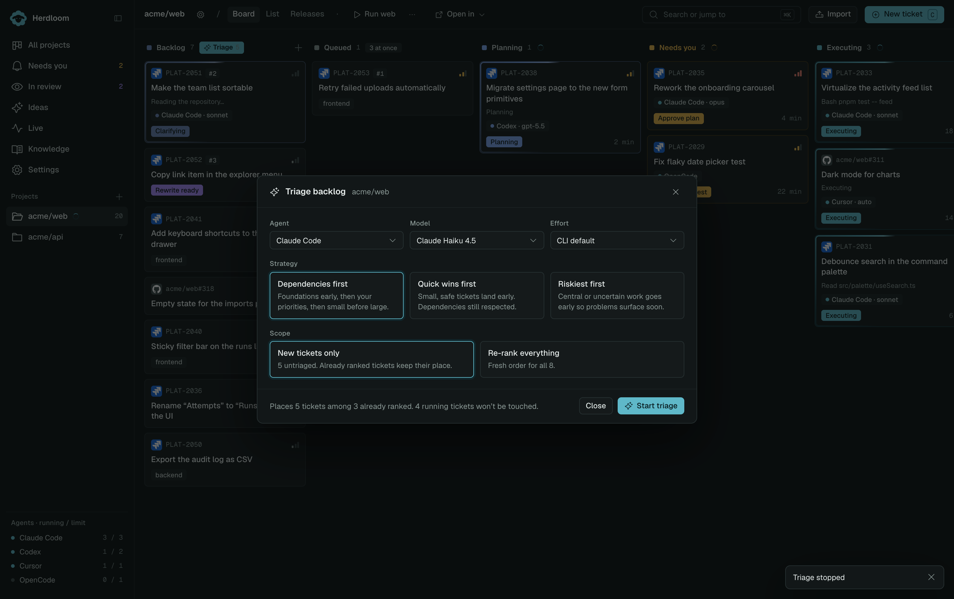 The Triage backlog dialog: agent, model and effort, three strategies, and the two scopes