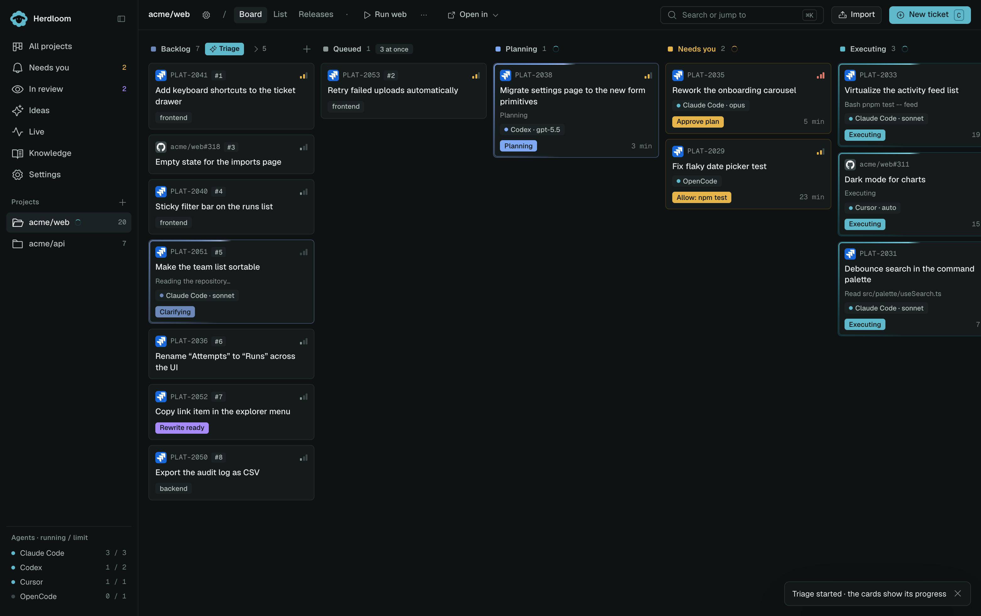 A triaged backlog with ranked tickets and a control to queue five triaged tickets
