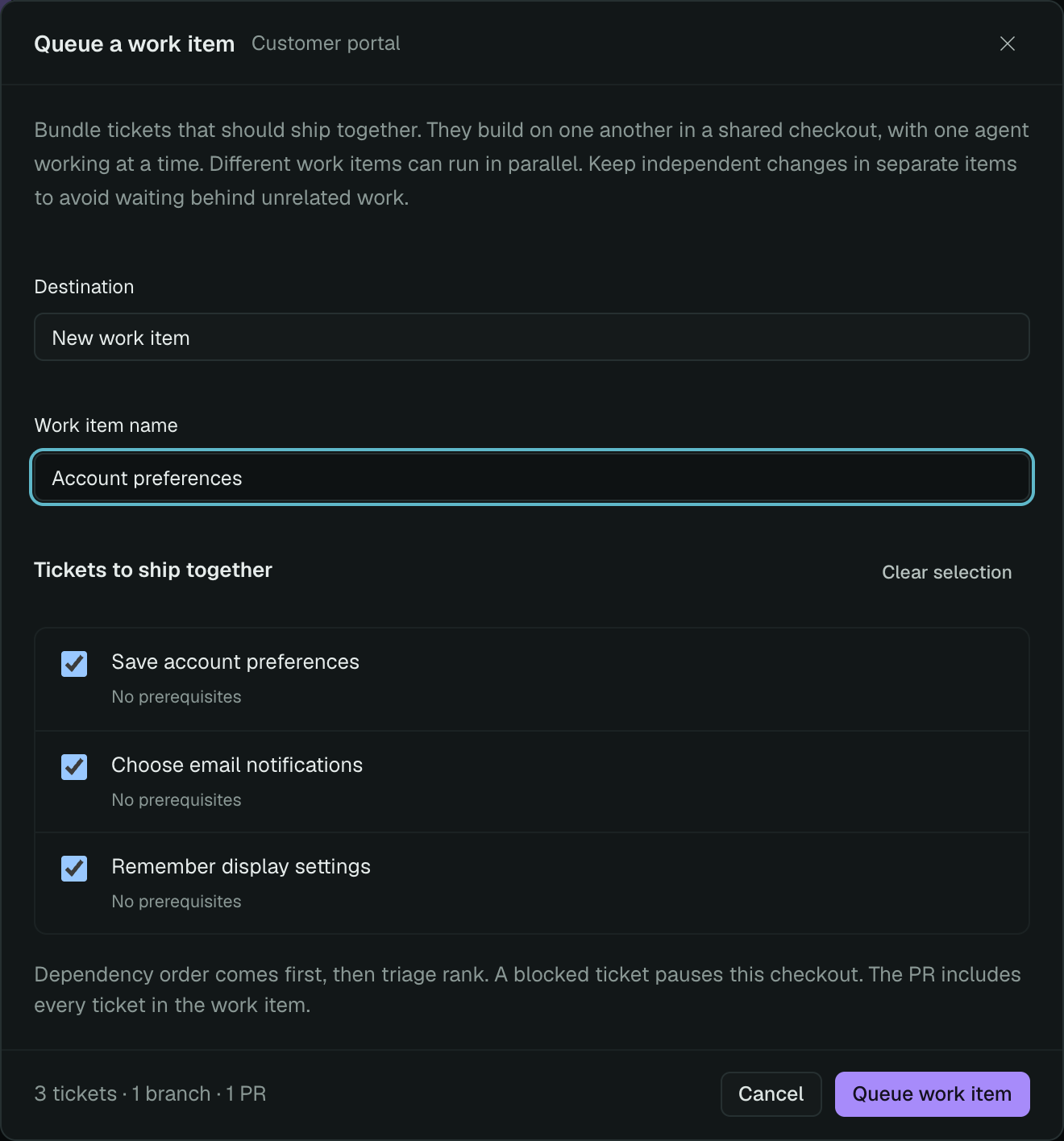 Queue a work item: name the bundle, choose its tickets, and confirm that they share one branch and one PR